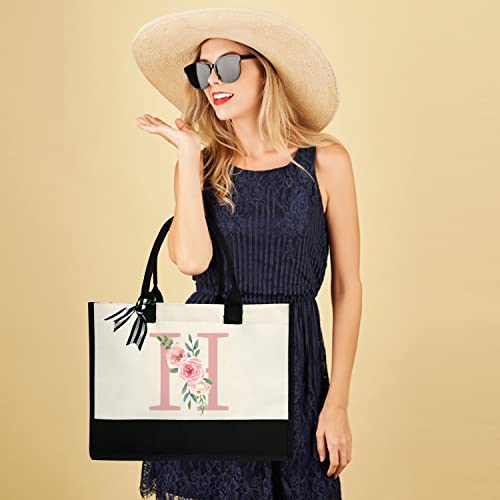 Initial Canvas Tote Bag for Women, Beach Bag with Inner Zipper Pocket Personalized Gifts for Wedding, Birthday | Initial - color: H