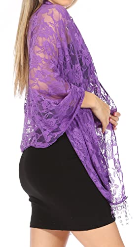 Sakkas Mari Women's Large Lightweight Soft Lace Scarf Wrap Shawl Floral and Fringe - color: Rosepurple