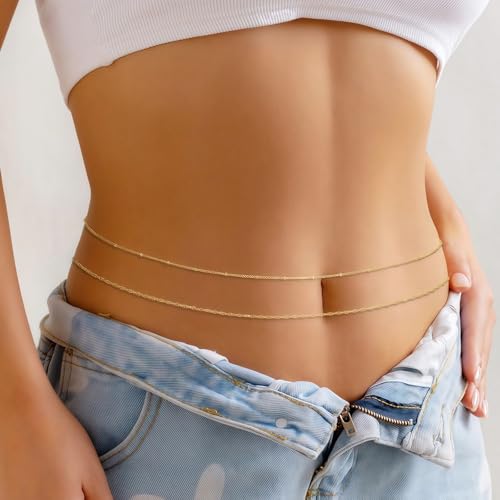14K Gold Plated Waist Chain for Women, 2Pcs Adjustable Pearl Beads Body Chain, Sexy Layered Summer Beach Bikini Belly Jewelry Accessories - style: Rope&Bead