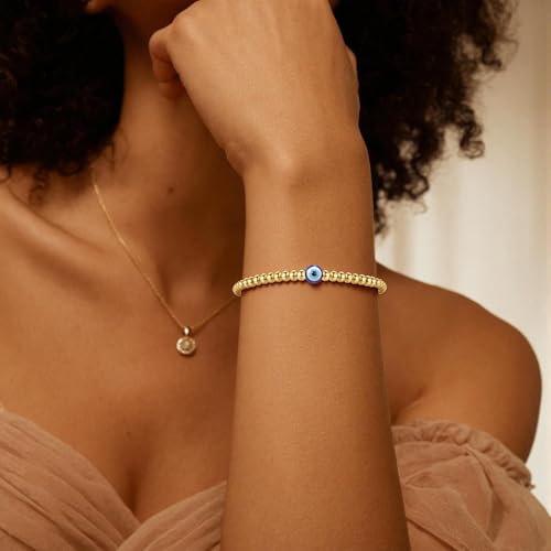 Elastic Beaded Charm Bracelets for Women - Adjustable Stackable Dainty Bracelet with Gold or Silver Charms, Jewelry Gift for Her - style: Gold-Evil Eye