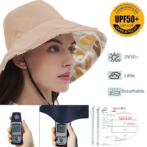 vidsel Womens Sun Hats Wide Brim Reversible Bucket Cotton Hat Packable Summer Travel Cap with Hat Clip,UV Protection - color: Khaki2, size: Medium
