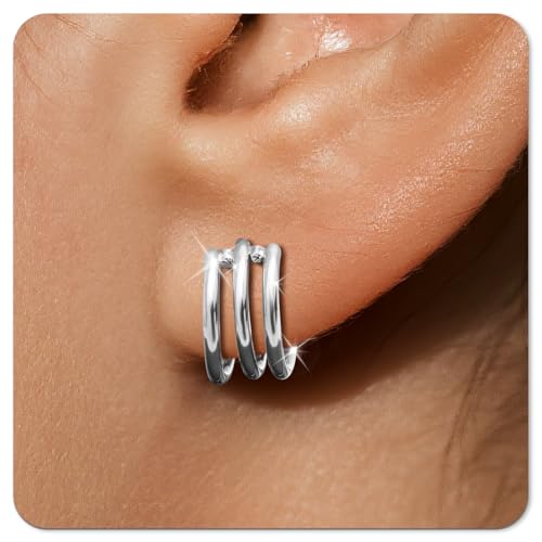 Small Cartilage Double/Triple-Hoop Helix Conch Piercing Earrings With Cubic Zirconia For Women Trendy 14K Gold Plated Titanium Surgical Stainless Steel Sets Nose Rings Hoops Septum Rings - color: Silver, style: E-4Pairs-16Gauge-Triple hoop
