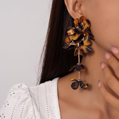 Boho Leopard Print Floral Earring Long Multi Layered Tassel Flower Earrings Fabric Flower Statement Earring Fashion Jewelry Accessories for Women - color: Brown