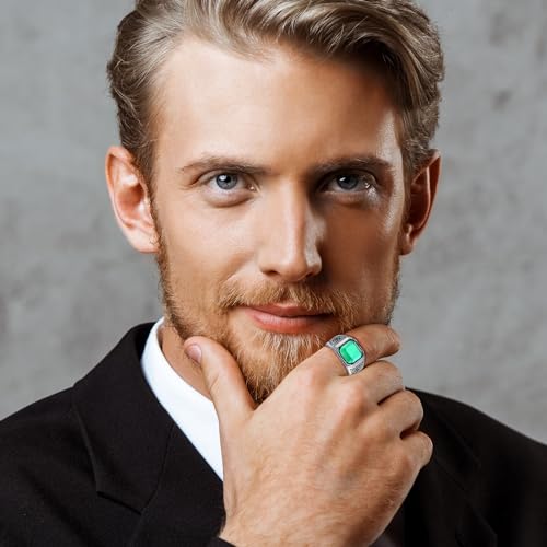7ct Vintage Teal Turquoise|Emerald|Black Onyx Ring for Men 925 Sterling Silver Men Rings 11mm Square-Cut Mens Cocktail Rings Celtic Pattern Band for Dad Father Size 7-12 - color: Irish Celtic Knot-Simulated Emerald