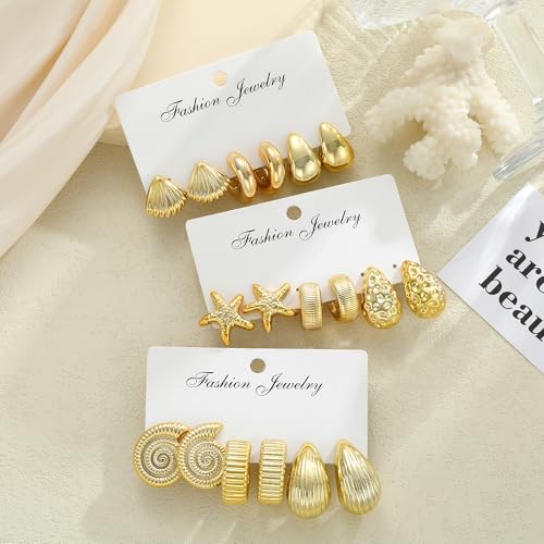 12 Pairs Chunky Gold Hoop Earrings for Women Trendy, Gold Plated Lightweight Hypoallergenic Stack, Thick Open Twisted Huggie Hoops Earring Set - color: 9 Pairs Gold Chunky