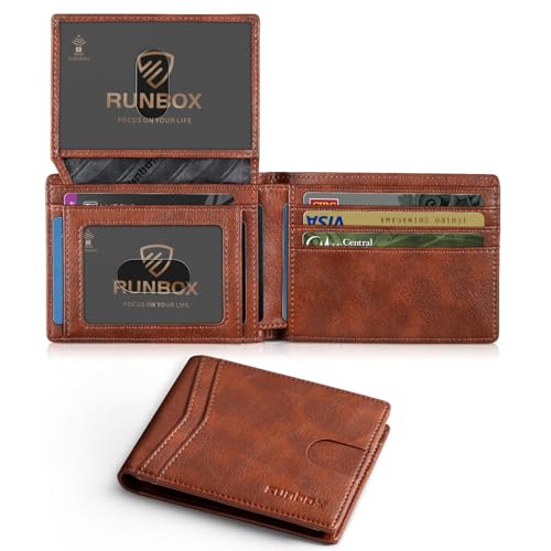 RUNBOX Wallet for Men -Slim Rfid Leather Mens Bifold Novelty Wallets 2 ID Window With Gift Box Men's Accessories | Slim - color: RETRO RED BROWN