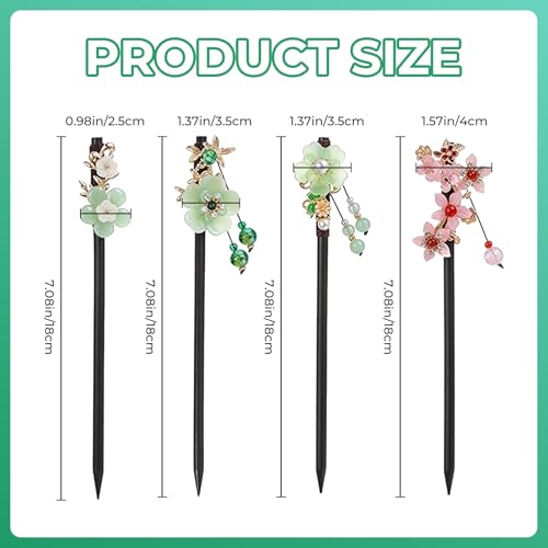 4Pcs Japanese Hair Pin,Chinese Retro Wooden Hair Stick Fork,7" Asian Hairs Accessories with Flower Bead Pendants Vintage Tassel for Long Thick Hairstyle Bun(Multi-colored)