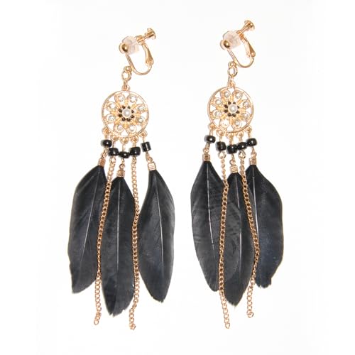 Clip on Tassel Dangle Earrings for Boho Women, Non Pierced, Colorful Feather Handmade Beads Fashion Vintage Fringe Jewelry for Parties Weddings Festivals Trendy Statement Earrings for Bohemian - color: Black A