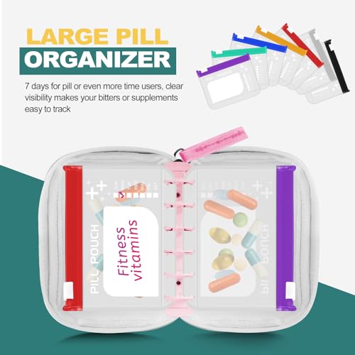 Timueetech A7 Waterproof Pill Organizer with 7 PCS L Size Zippered Pill Pouches for A7 Binder, Large BPA-Free Weekly Medicine Organizer, Color-Coded Reusable Travel Pill Storage System - color: Pink