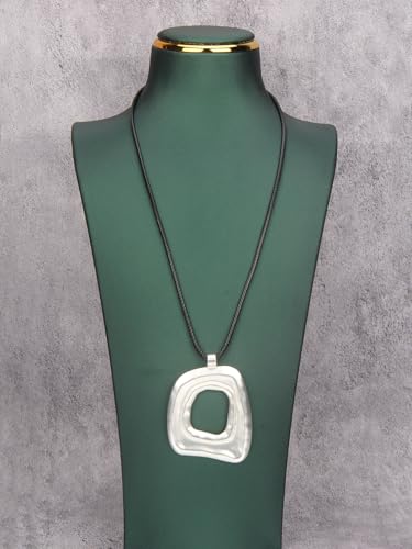 Bohemian Women's Leather Long Pendant Necklace Sweater necklace Adjustable Retro Woven Handmade Jewelry - color: Silver Square