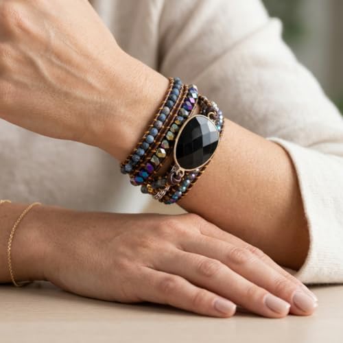 YGLINE Boho Handmade Wrap Leather Tube Crystal Stone Bracelet for Women - color: Oynx