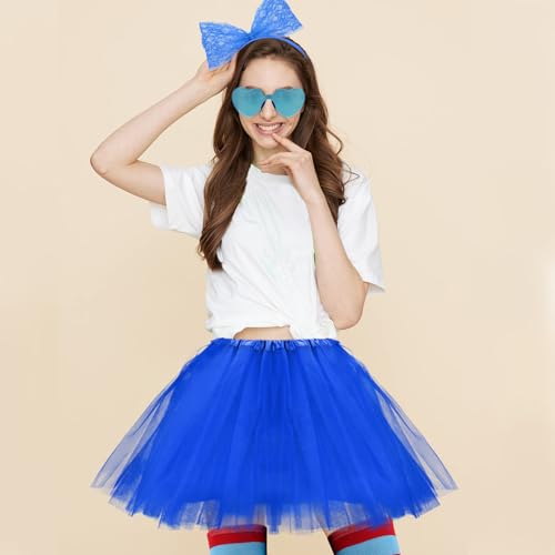 Women Tutu Costume Accessories Set, Striped Knee Socks Tutu Skirt Sunglasses and Bow Headband Colorful Party Favors - color: Dark Blue