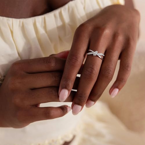 FISSEN JEWELRY Gold Rings for Women, Non Tarnish Dainty 14k Gold Plated Silver CZ Cross Ring Cute Cubic Zirconia Pinky Thumb Stackable Band Silver Finger Rings Size 6-10 Jewelry for Her - color: Silver Diamond Knot