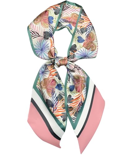kcctoo 59” Long Silk Like Head Scarf Women's Fashion Square Neck Satin Scarfs for Bag Hair Scarves Gift 59 * 5.9” - color: Q1 Pink Leaf 59" X 5.9"