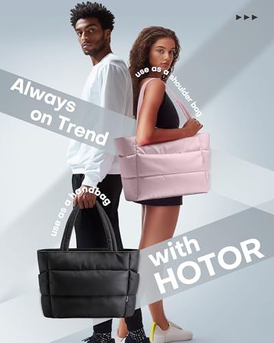 HOTOR Puffer Tote Bag for Women, Nurses - Multi-Pocket Lightweight Bag for Work - Quilted Handbag for Travel and Gym - color: Pink, size: 18.1" × 6.3" × 11.8"