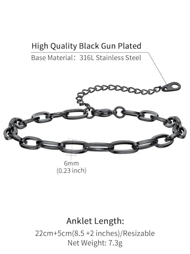 ChainsHouse Ankle Bracelets for Women, Stainless Steel Chain Anklets Waterproof, Women Summer Beach Jewelry Gift, Come with Box - color: 01. 1Pcs-(6mm)-Paperclip-Black
