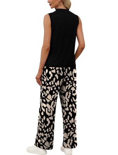 WIHOLL Two Piece Set for Women Summer Spring Outfits Cruise Travel Airport Beach Vacation Mock Neck Wide Leg Pants Set - color: Black Print, size: Small