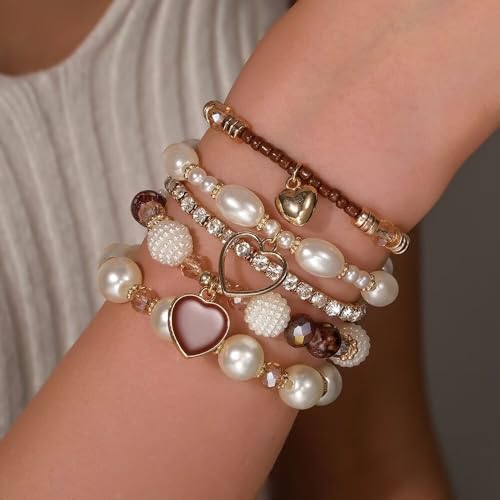 2 Pcs Western Jewelry for Women Bohemian Set, Boho Stackable Beaded Bracelets Vintage Round Disc Drop Earrings Stretch Brown Faux Pearl Heart Crystal Stretchy Bangles Prom