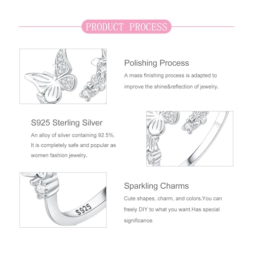 PARCOM Adjustable Women Stackable Ring, 925 Sterling Silver Open Rings - Trendy Eternity Cubic Zirconia Stackable Band Engagement Promise Ring for Her, Hypoallergenic Non Tarnish Nature Bird Floral Thumb Rings - color: Butterfly Swarm