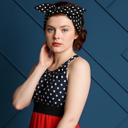 Hicarer 2 Pieces Polka Dot Headband Bandana Headband 50s Costume Hair Accessories Bows Wide Head Wrap for Women(Red, Black,Small Dots) - color: Red, Black, style: Small Dots