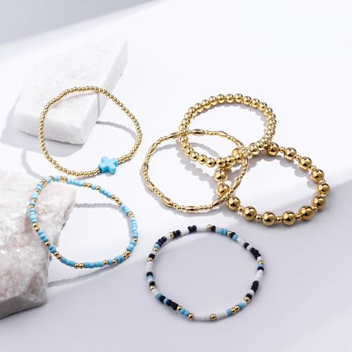 Gold Beaded Bracelets for Women: 14K Gold Bracelets for Women Trendy Dainty Gold Ball Bracelet Stack for Womens - Boho Stretch Bracelets Jewelry Sets with Cross Fashion Accessories Gifts for Women - style: Blue Cross