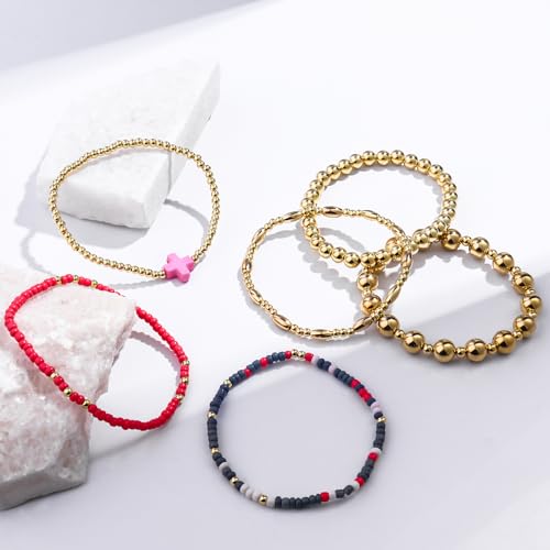 Gold Beaded Bracelets for Women: 14K Gold Bracelets for Women Trendy Dainty Gold Ball Bracelet Stack for Womens - Boho Stretch Bracelets Jewelry Sets with Cross Fashion Accessories Gifts for Women - style: Pink Cross