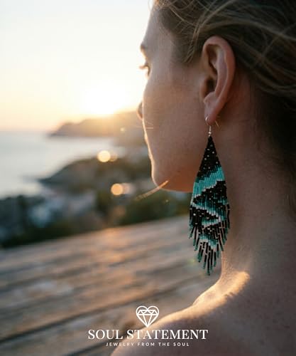 Long Beaded Earrings for Women, Statement Tassel Dangling Earrings, Native American Jewelry Boho Country Colorful Flower Moon Bead Gifts - style: Mystic Lunar