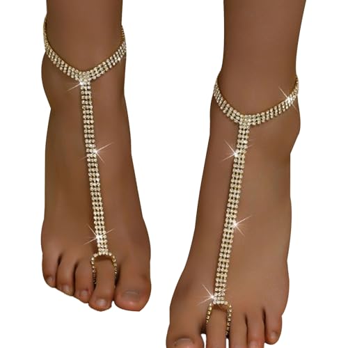1Pair Multi-layered Rhinestone Foot Chain with Toe Jewelry for Women Wedding Bridal Crystal Barefoot Sandals Bikini Rhinestone Anklet Bracelet Foot Accessories Jewelry - style: Gold