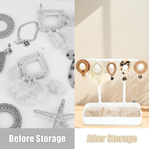 Jewelry Organizer Stand, Necklace Holder with Wooden Tray 5 Storage Hooks, Earring Holder with 5 Pcs Jewelry Bags for Bracelet,Chains,Rings,Earrings,Keys Watches,Necklaces (White) - color: White