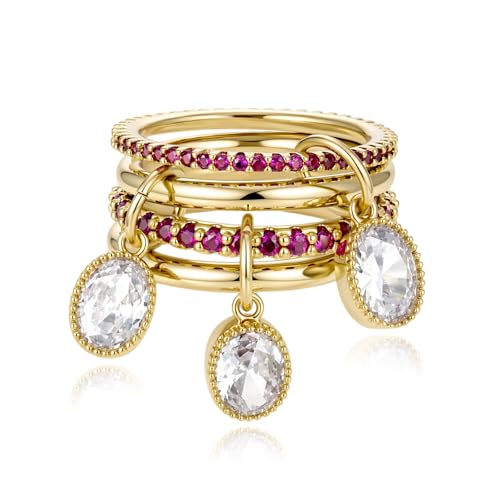 COLOYAN 14k Gold Plated Stackable Interlocking Rings for Women Non Tarnish | Durable Beautiful Cubic Zirconia Ring, Oval Rhinestone Drop Ring, Multi Stacking Ring Jewelry Gift Vacation, Party, Date - color: Pink, size: 7