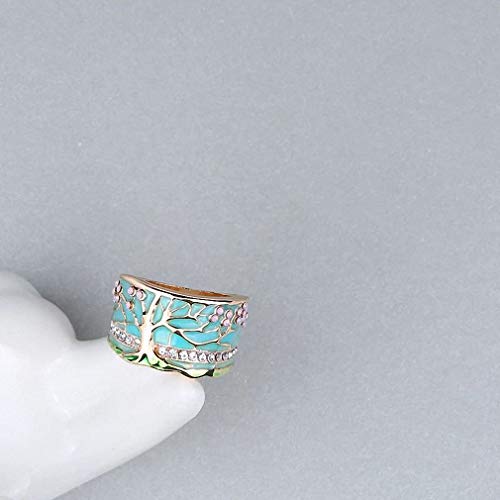 Lucky Flower Tree Rings Gold Pink Opal Green Enamel Wide Ring for Woman Party Crystal Vintage Jewelry