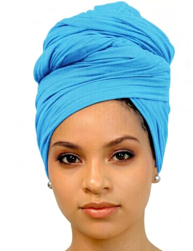 Harewom Head Wraps for Black Women Stretch Head Scarf Long African Hair Wraps Turban Headwraps Jersey Headbands - color: 1pcs -Deep Sky Blue