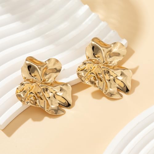 Statement Chunky Gold Large Silver Earrings for Women Trendy, Big Irregular Geometric Dainty Liquid Metal Stud Earrings Simple Prom Party Jewelry Gift - color: Gold -Cute