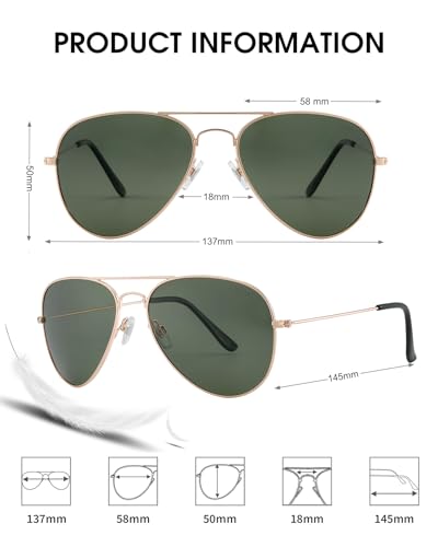 JOOX Polarized Aviator Sunglasses for Women Men, UV400 Protection Lens and Lightweight Metal Pilot Frame JX2775 - color: Shiny Gold/G15 Green