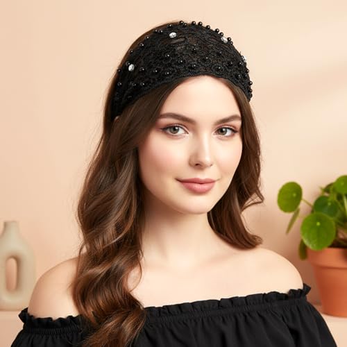 Tucnoeu 3pcs Boho-Chic Crystal & Pearl Embellished Wide Headbands, Wide Boho Pearl Headband for Wome, Floral Beaded Lace Elastic Headband Suitable for Daily Wear and Weddings Stylingvarious Holidays - color: Brown, blue, black