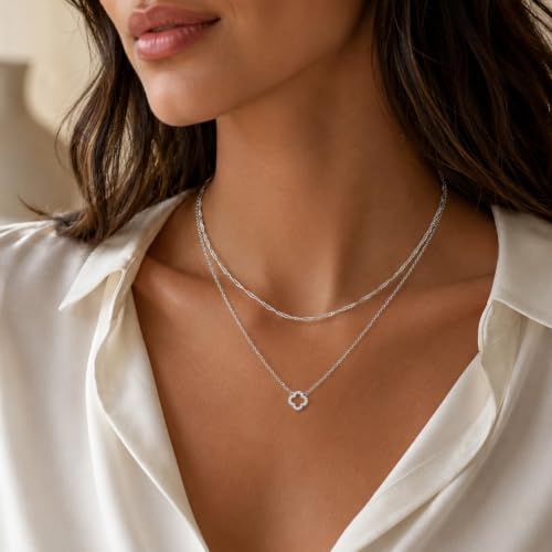 Dainty Gold Necklaces for Women Trendy Non Tarnish 14K Gold Plated Cubic Zirconia Necklace Layered Simple Cute Four Leaf Clover Choker Jewelry Birthday Gifts - color: Silver, style: Layered Small CZ