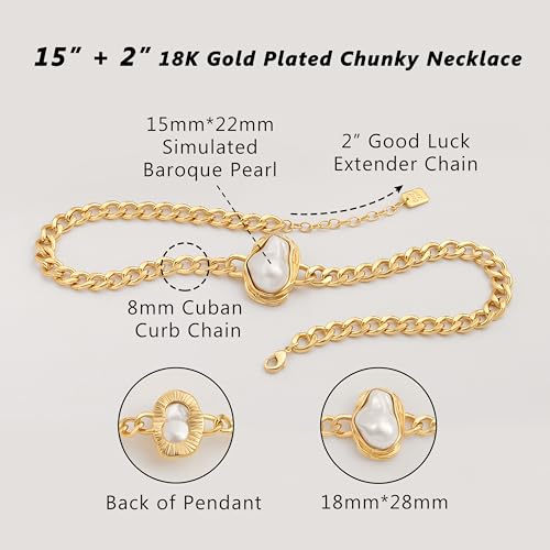Aobei Pearl 18K Gold Plated Paperclip Chain Choker Satellite Chain Freshwater Cultured Biwa Pearl Pendant Necklace Dainty Turquoise Jewelry for Women - color: 18K Gold Plated Cuban Chain Baroque Pearl