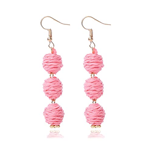 Lightweight Boho Thread Raffia Earrings for Women Handmade Braided Straw Wicker Lantern Ball Earrings Summer Beach Bohemian Geometric Earrings Holiday - color: pink