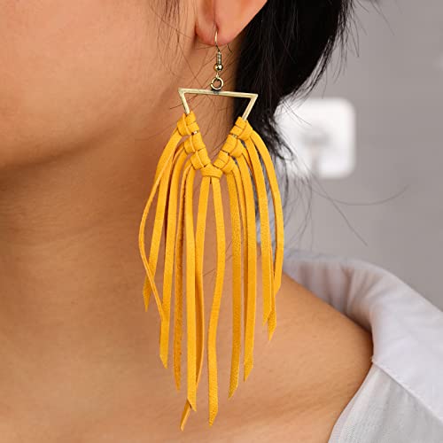 Fringe Leather Earrrings Triangle Deerskin Leather Boho Western Statement Dangel Earrings for Women - color: Yellow