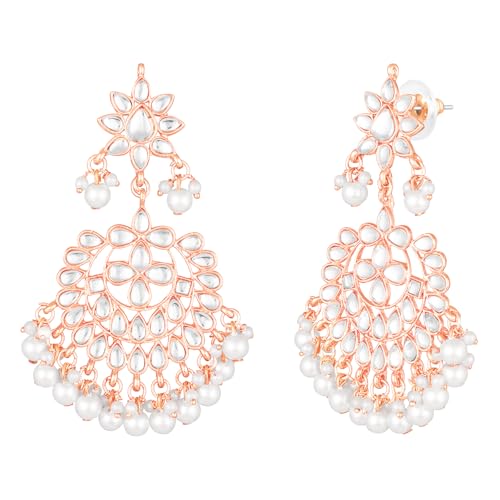 Aheli Faux Kundan Beaded Necklace Earrings Maang Tikka Indian Bollywood Ethnic Jewelry Set Gift for Women - color: Rose Gold