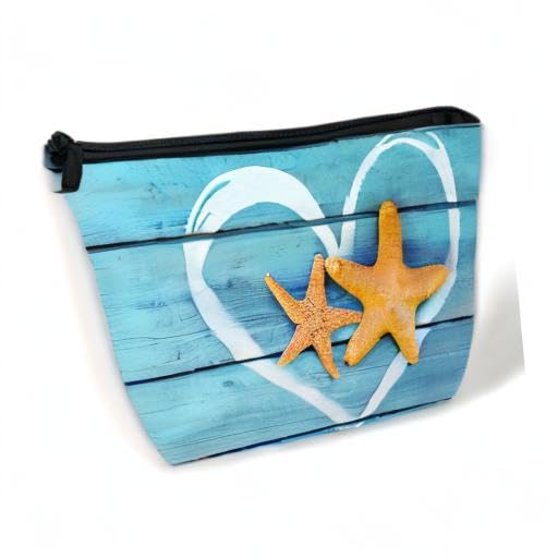 Beach Starfish Cosmetic Bag Coastal Blue Wooden Makeup Bags,Travel Make up Bags for Women Girls Cute Zipper Pouch Toiletry Organizer Bag Travel Essentials - color: Beach Starfish