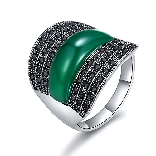 Women's Vintage Green Black Resin Marcasite Crystal Big Statement Cocktail Party Rings - color: Dark Green