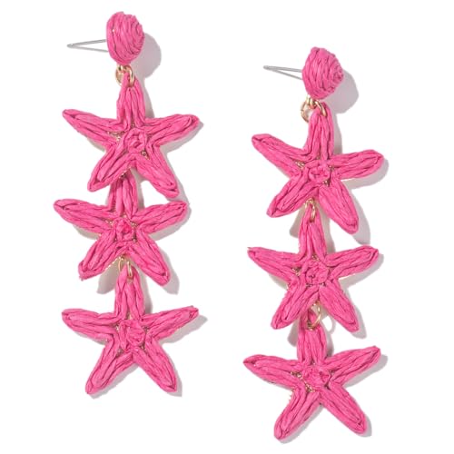 Boho Raffia Earrings Starfish Shell Seashell Dangle Drop Earrings Cute Statemnet Trendy Jewelry Summer Beach Outfits for Women - color: Hot Pink, size: Seastar