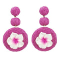 Boho Raffia Ball Earrings for Women, Handmade Statement Drop Earrings Straw Dangle Earrings Beach Vacation Jewelry - color: Hot Pink Flower