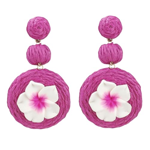 Boho Raffia Ball Earrings for Women, Handmade Statement Drop Earrings Straw Dangle Earrings Beach Vacation Jewelry - color: Hot Pink Flower