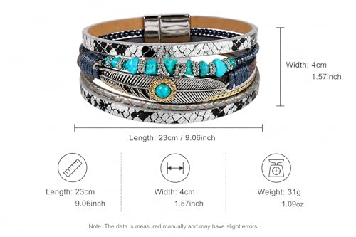 Boho Layered Bracelet for Women – Green Crystal Beaded Wrap Bracelet with Gold Clasp, Multi-Strand Hypoallergenic Statement Jewelry - color: Turquoise Multi Layer