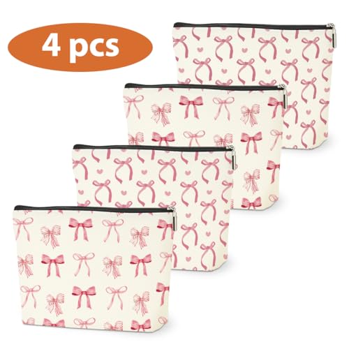 4PCS Pink Bow Makeup Bag, Coquette Preppy Cosmetic Bags Bow Gifts for Women Girls Pink Trendy Toiletry Bag Best Birthday Christmas Gifts for Girls Women Sister Travel Bags - color: Multicolor 0097