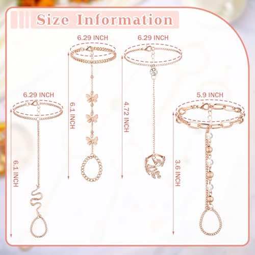 Fumete 6 pcs Finger Ring Bracelet Linked Rhinestone Hand Harness Chain Slave Bracelet with Ring Everyday Jewelry for Women - color: Rose Gold, style: Classic