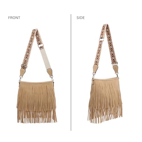 JEN & CO. Sadie Fringe Crossbody Bags for Women Vegan Suede Shoulder Purse with Adjustable Guitar Strap Boho Handbag - color: Tan