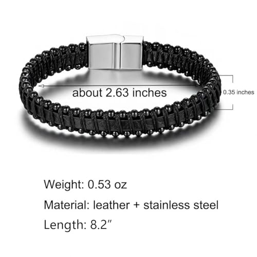 Men's Leather Bracelet, Stackable Stainless Steel Clasp Bracelets for Men Stylish Birthday, Thanksgiving, Valentine's Day Gift for My Man - style: 8.2" Black Beads